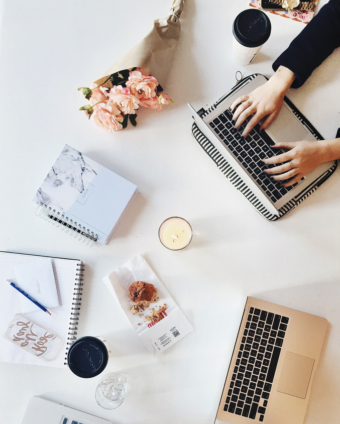 Modern Feminine Office Desk with Laptops and Notebooks Flatlay
